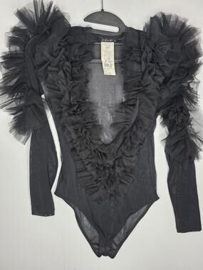 Kikiriki Size S Black Mesh Bodysuit With Ruffle Sleeve Detail whimsigoth sheer